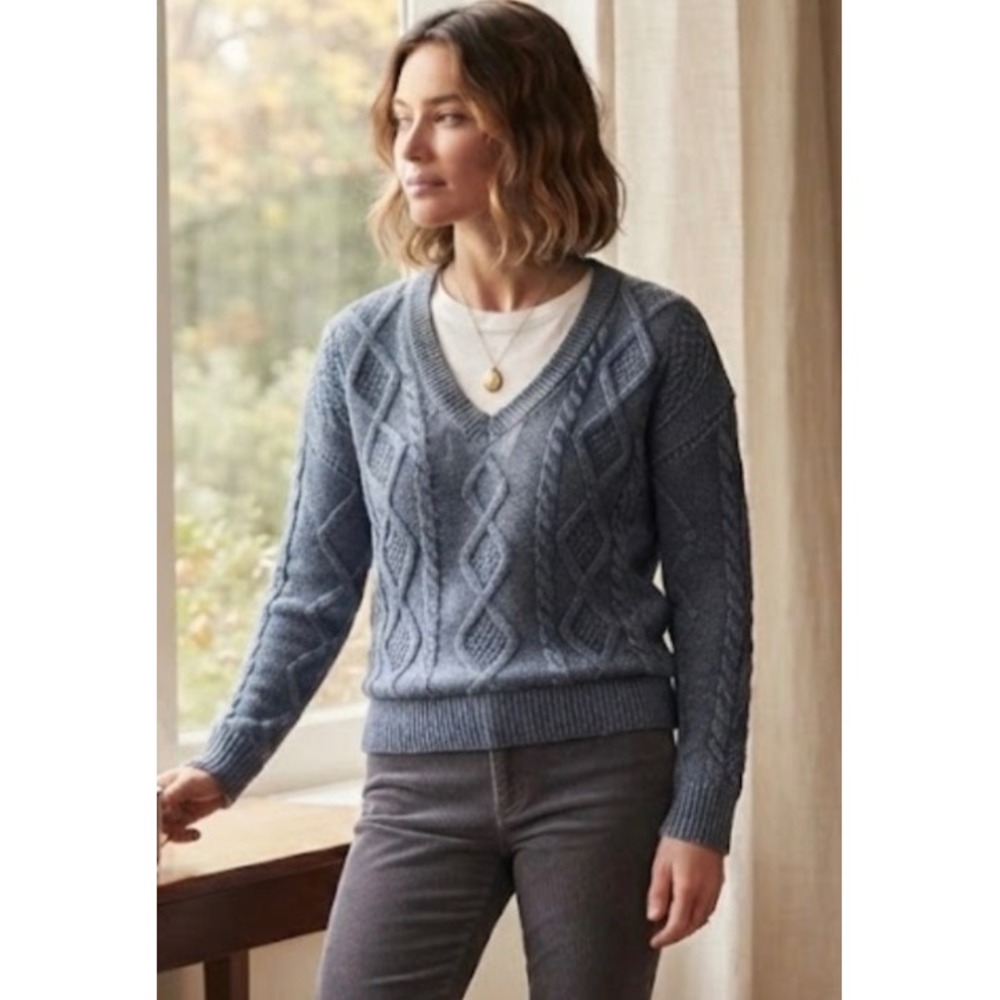 Lucky Brand Womens Blue Cable Knit V-Neck Sweater Acid Wash Boho Pullover Small